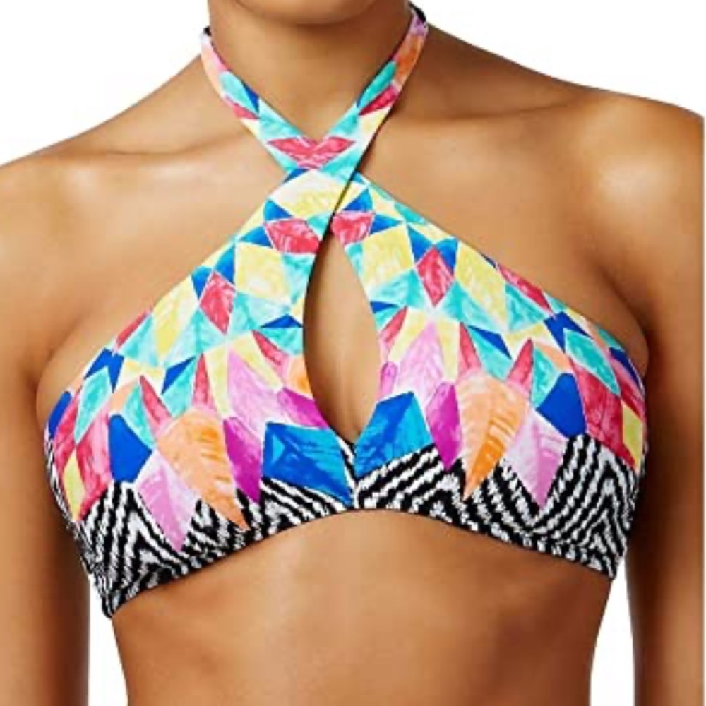 NEW BAR III Medium Bikini Top Halter FEATHERED DAZE High Neck Crossover Keyhole